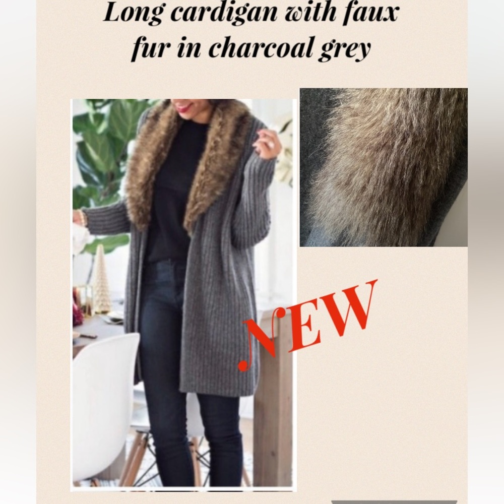 NEW Long cardigan with faux fur in charcoal grey